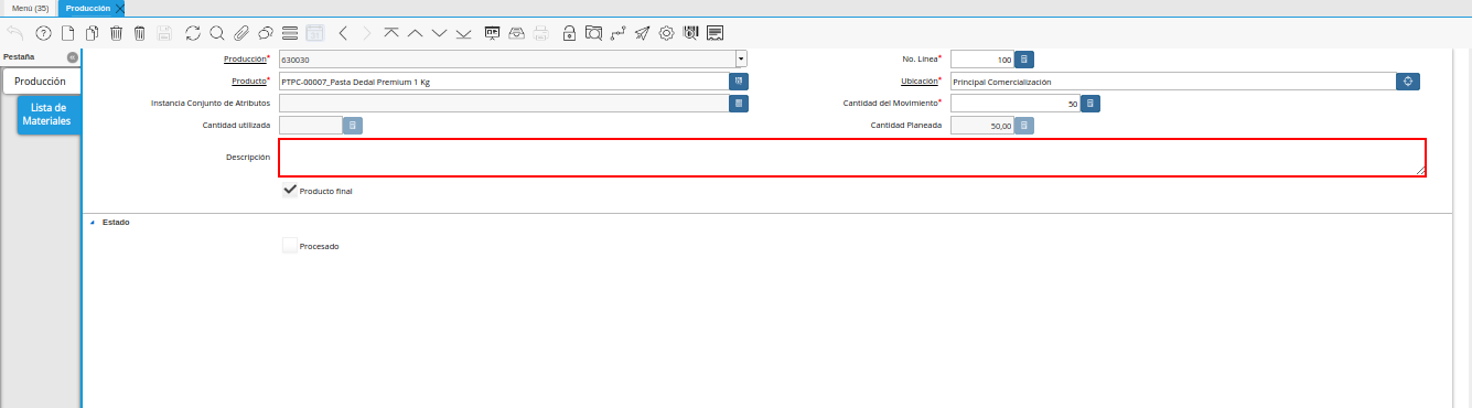 campo descripción de la ventana producción
