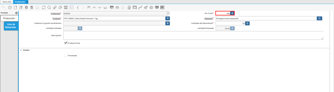 campo número de línea de la ventana producción