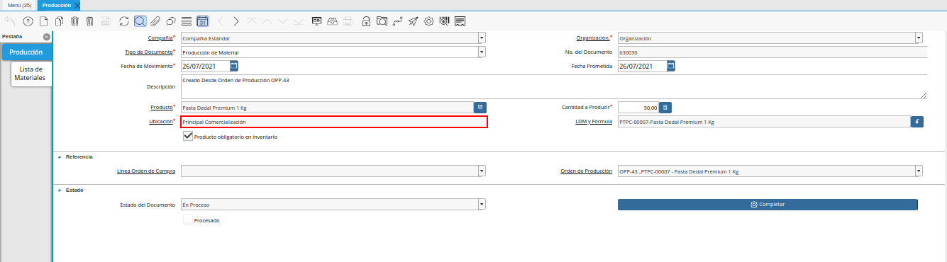 campo ubicación de la ventana producción