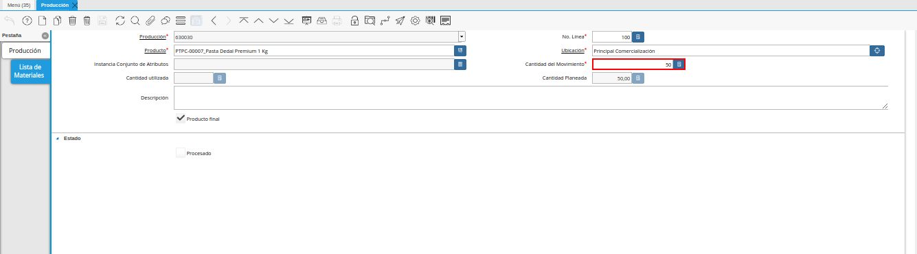 campo cantidad del movimiento de la ventana producción