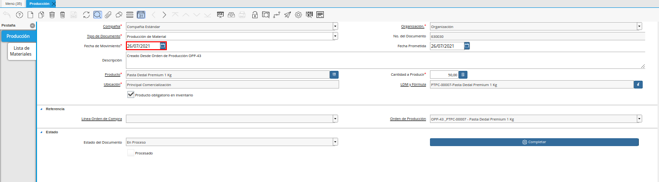 Campo Fecha de Movimiento de la Ventana Producción