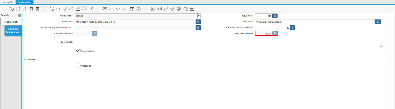 campo cantidad planeada de la ventana producción
