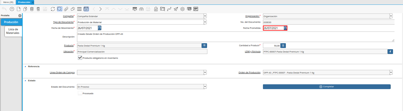 Campo Fecha Prometida de la Ventana Producción