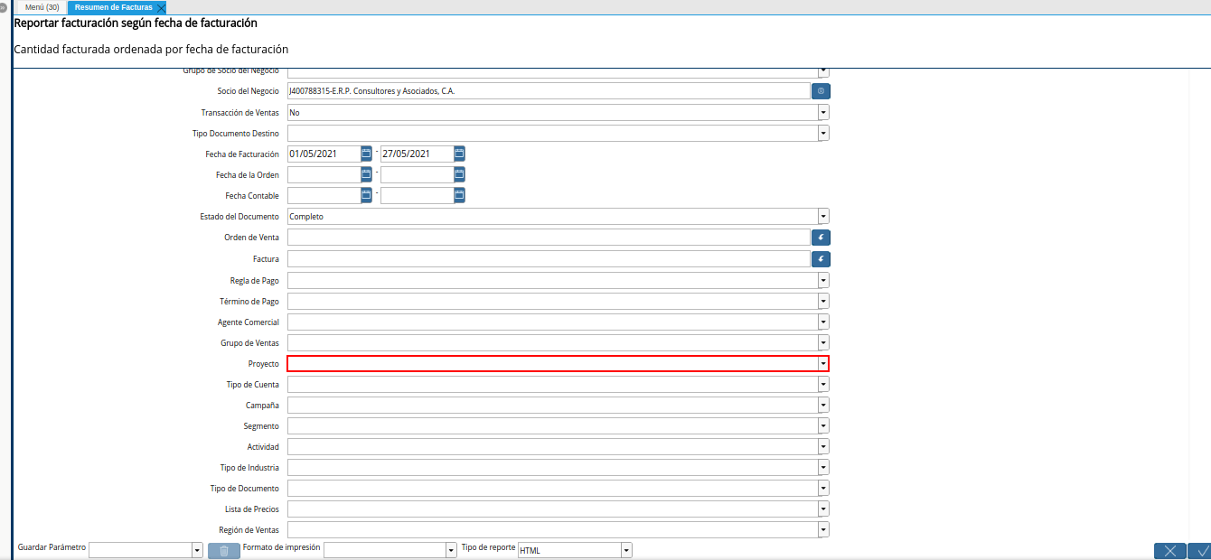 campo proyecto del reporte resumen de facturas