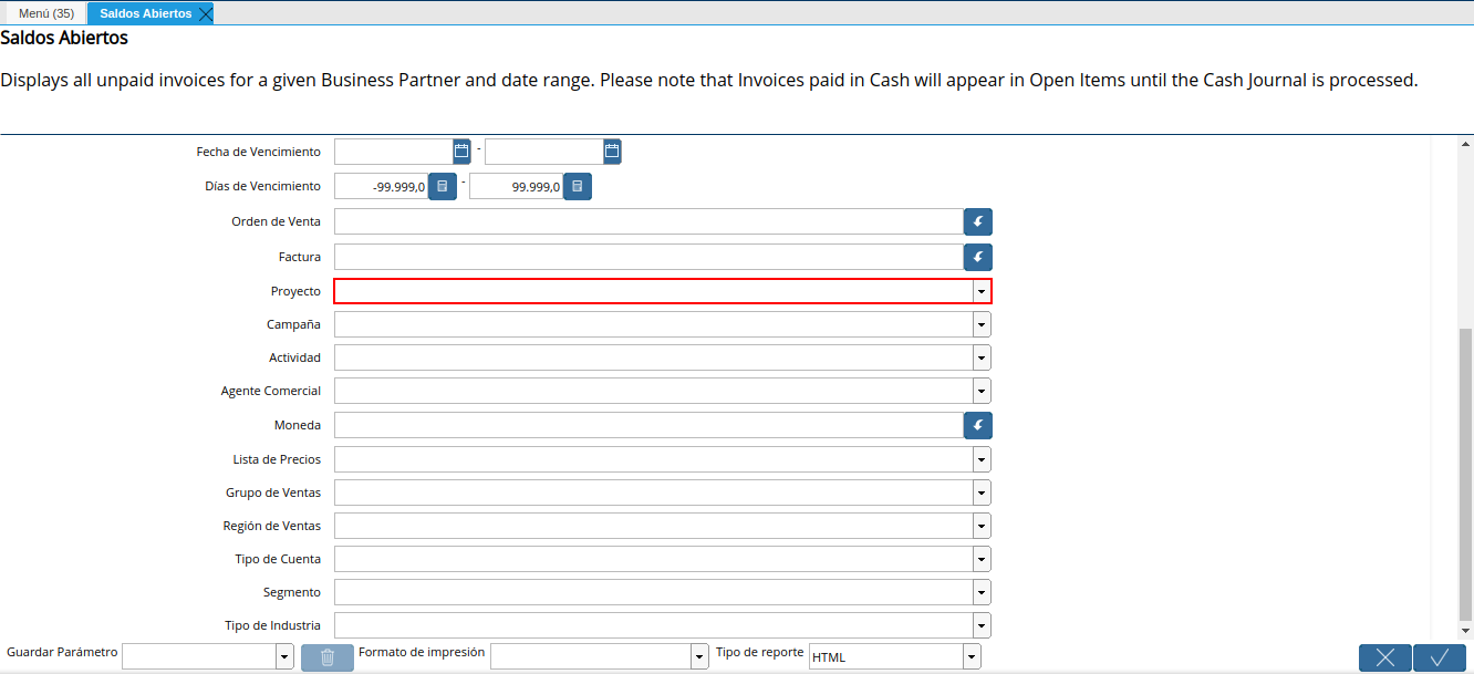 campo proyecto del reporte de saldos abiertos