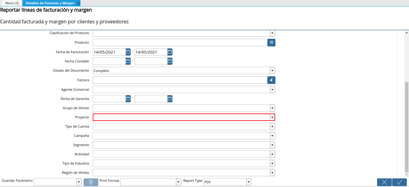 campo proyecto del reporte detalles de facturas y margen