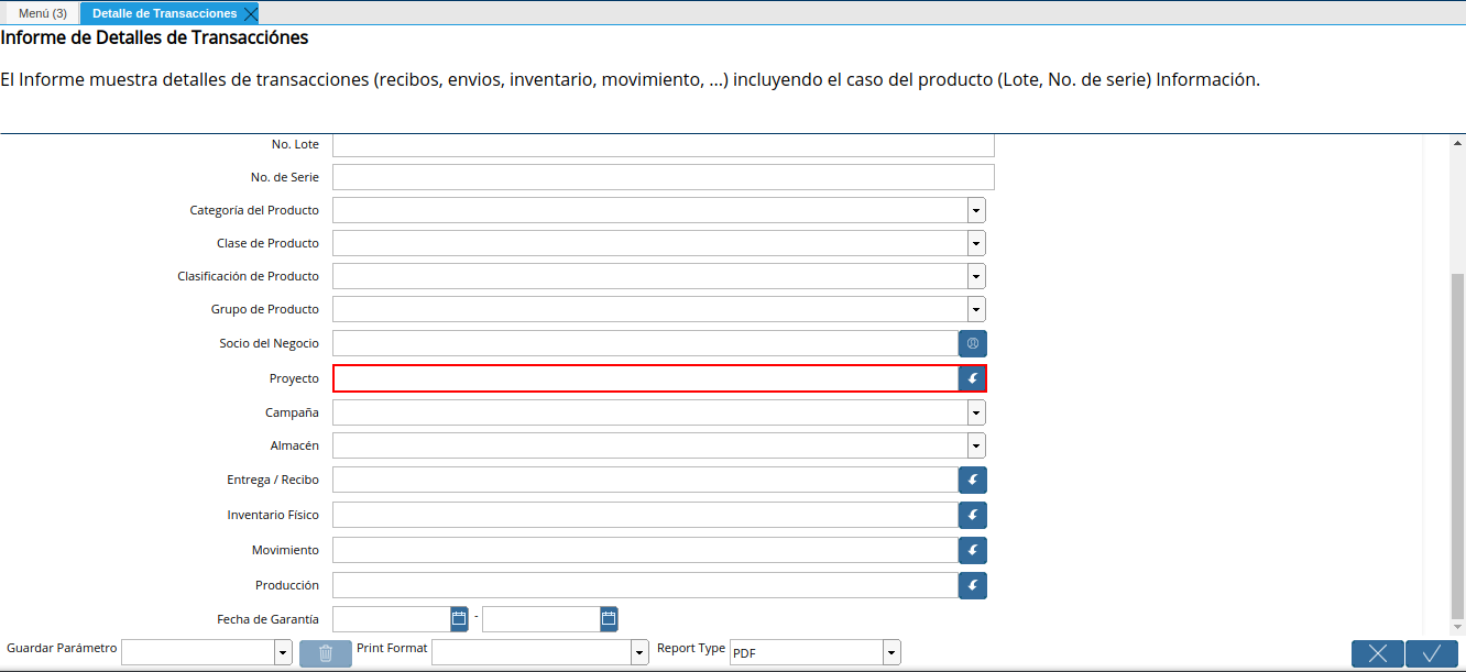 campo proyecto de la ventana detalle de transacciones