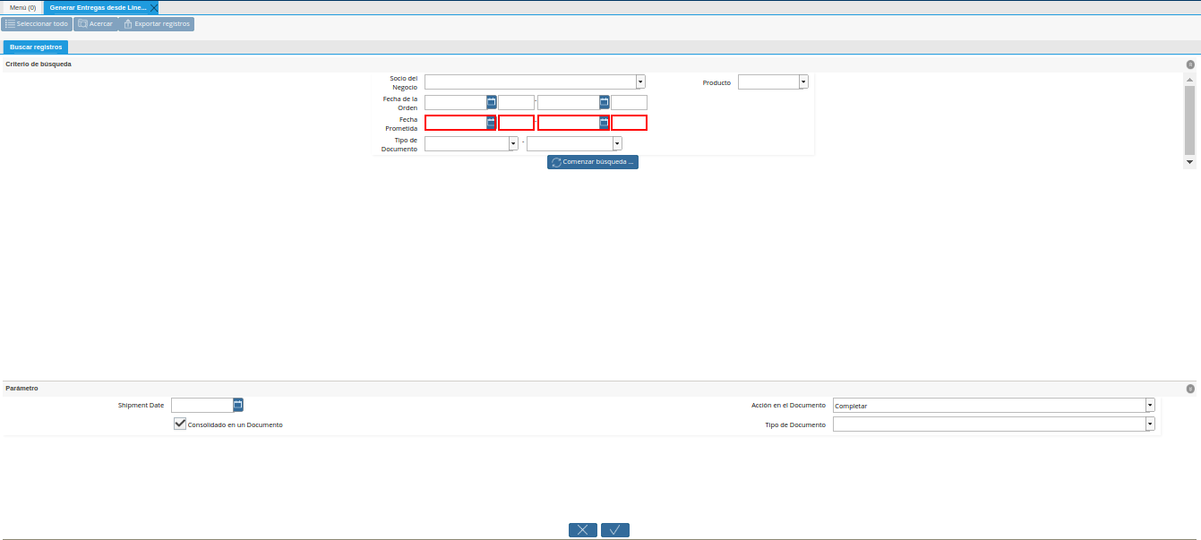 Campo Fecha Prometida de la Ventana Generar Entrega desde Líneas de la Orden