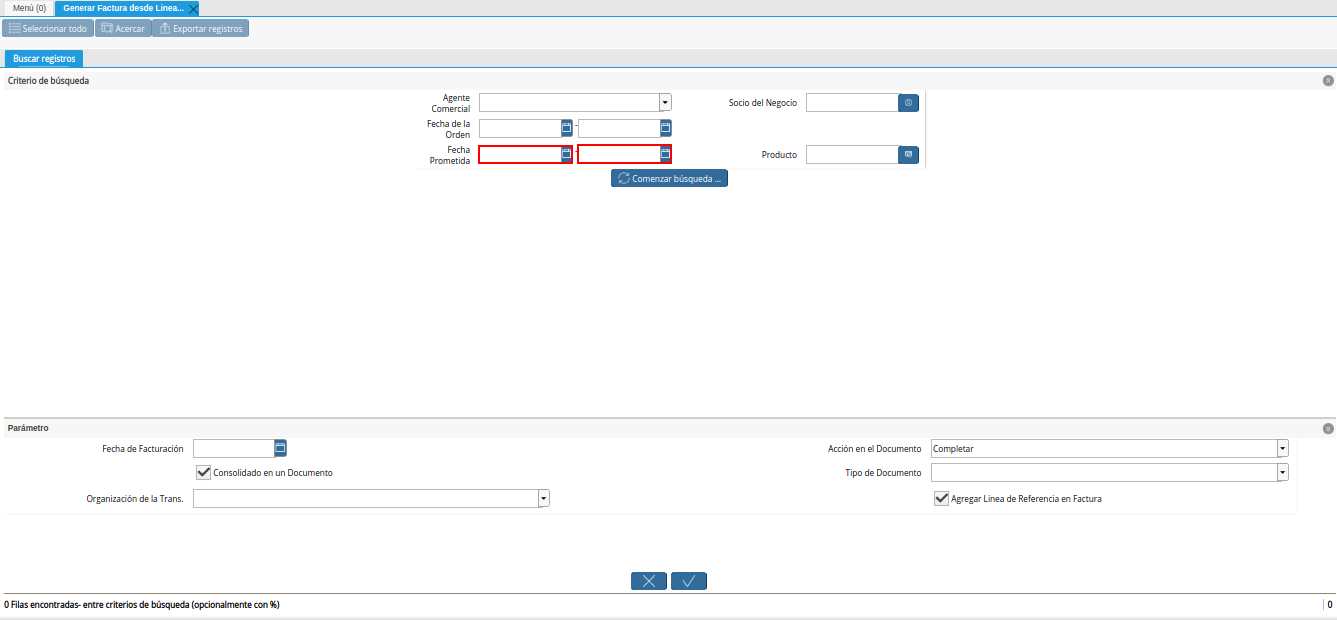 Campo Fecha Prometida de la Ventana Generar Factura desde Líneas de la Orden