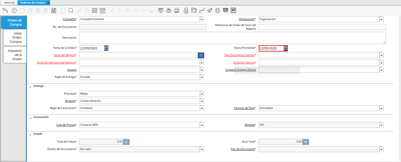 campo fecha prometida de la ventana órdenes de compra