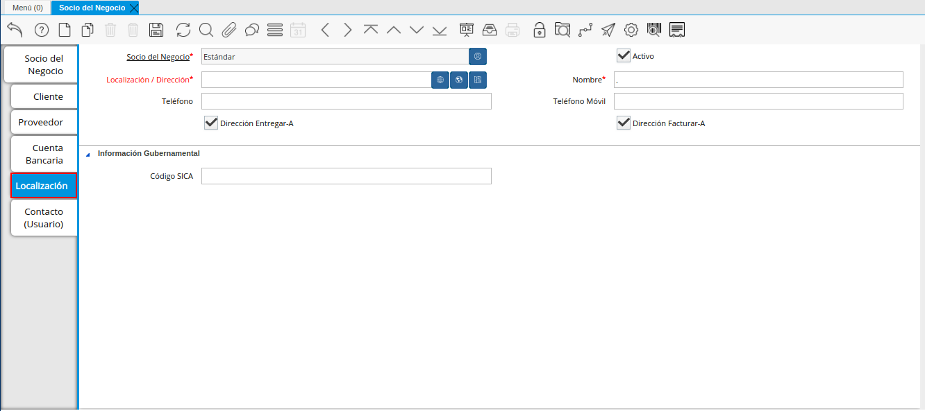 Pestaña Localización del Registro Proveedor