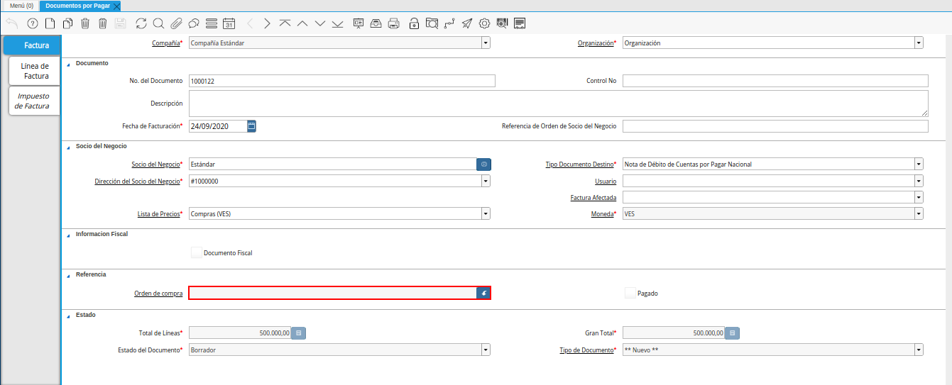 campo orden de compra de la ventana documentos por pagar débito