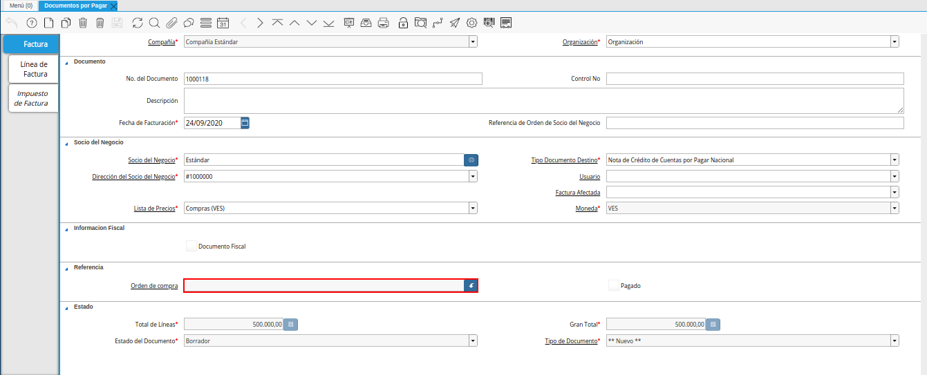 campo orden de compra de la ventana documentos por pagar