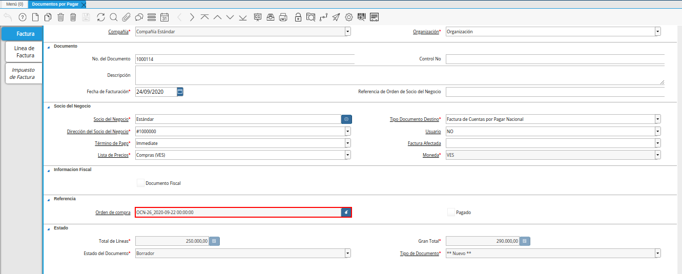 campo orden de compra de la ventana documentos por pagar
