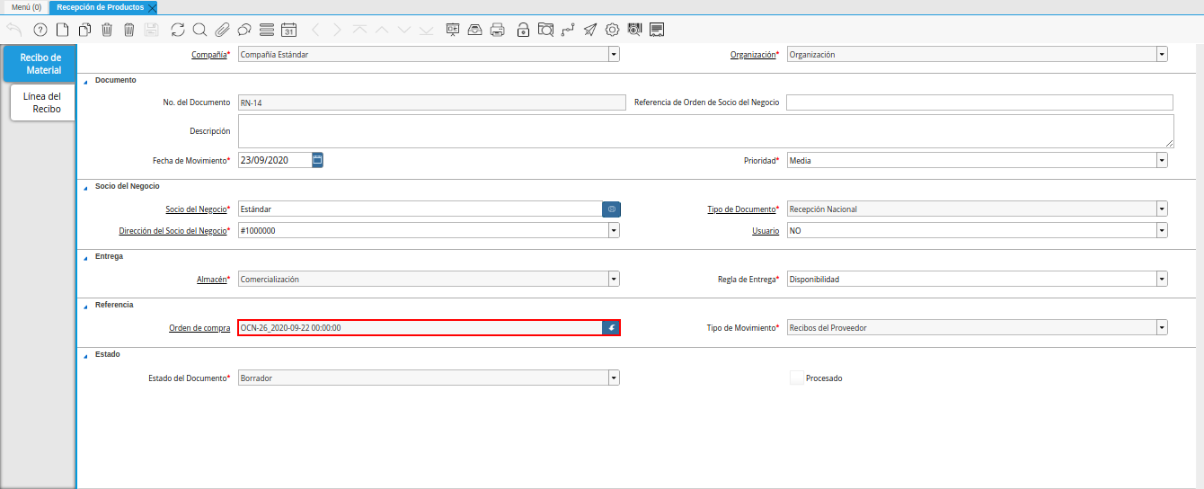 campo orden de compra de la ventana recepción de productos