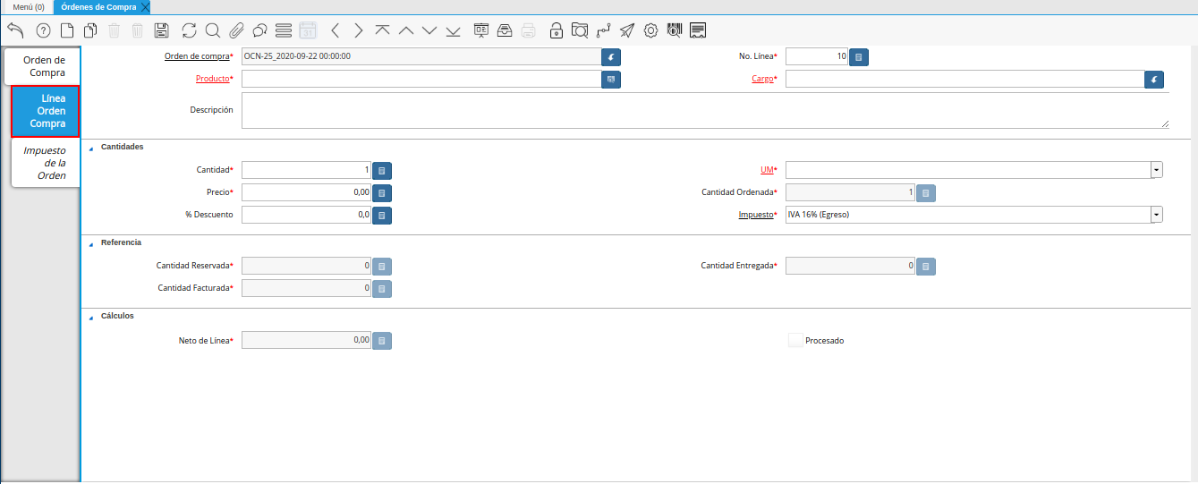línea de la orden de compra de la ventana órdenes de compra