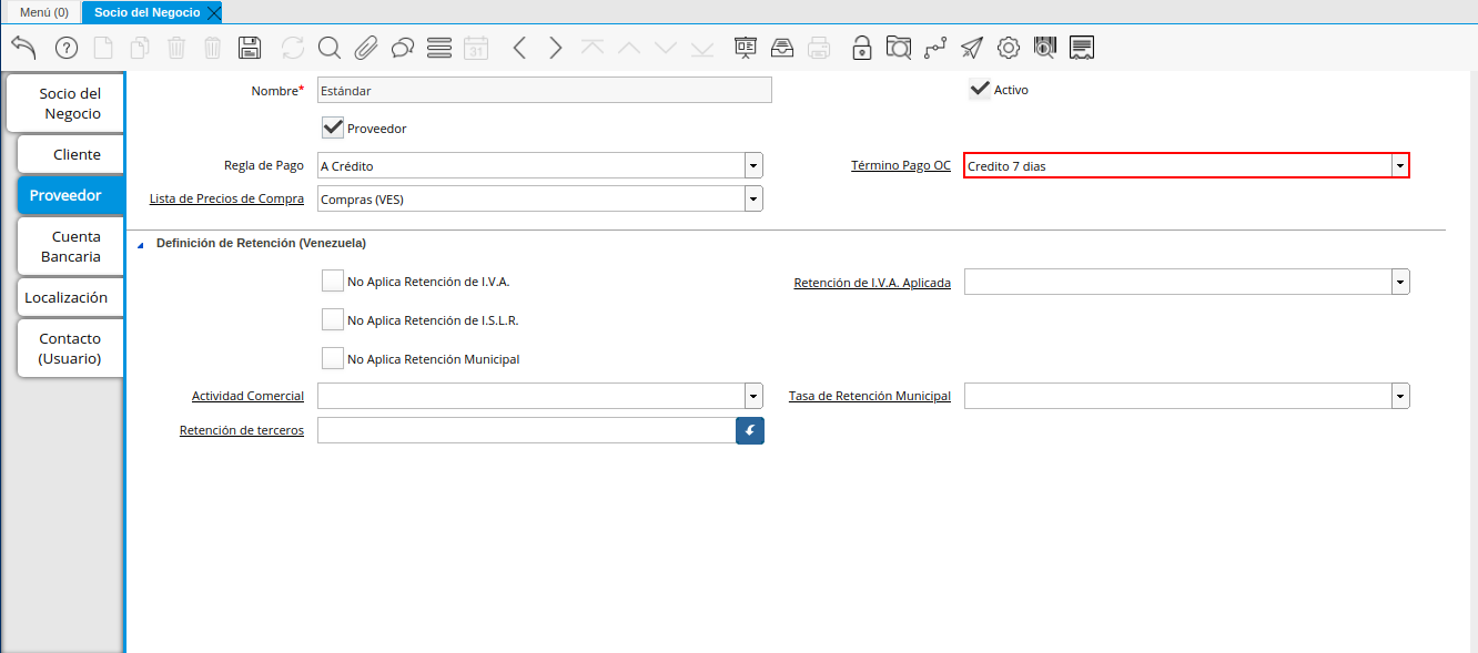 Campo Término de Pago Orden de Compra de la Pestaña Proveedor de la Ventana Socio del Negocio