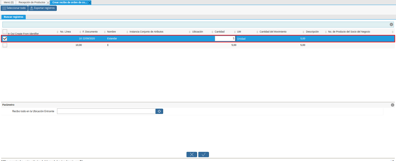 seleccion de orden de compra de la ventana crear recibo de orden de compra o rma