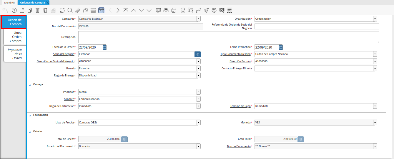 pestaña orden de compra