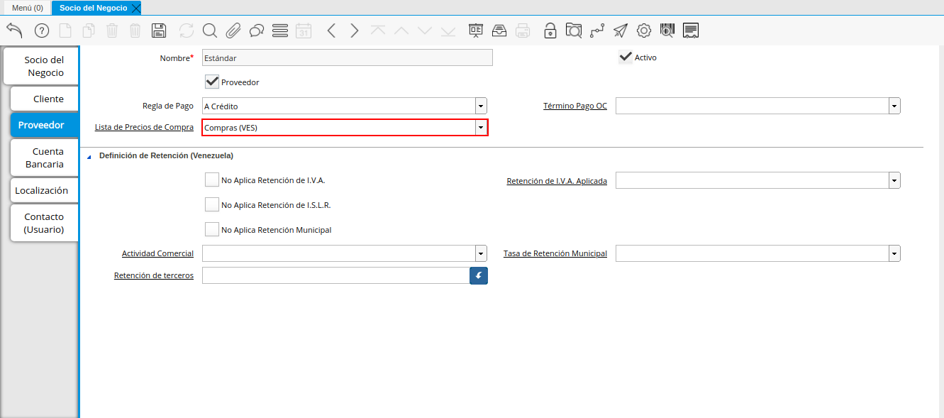 Campo Lista de Precios de Compra de la Pestaña Proveedor de la Ventana Socio del Negocio
