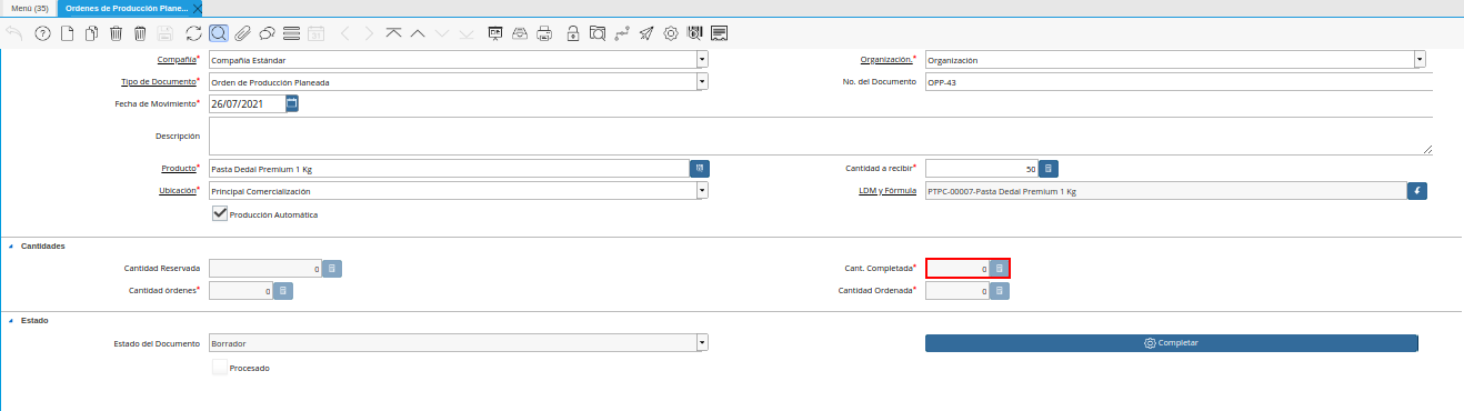 Campo Cantidad Completada de la Ventana Órdenes de Producción Planeadas