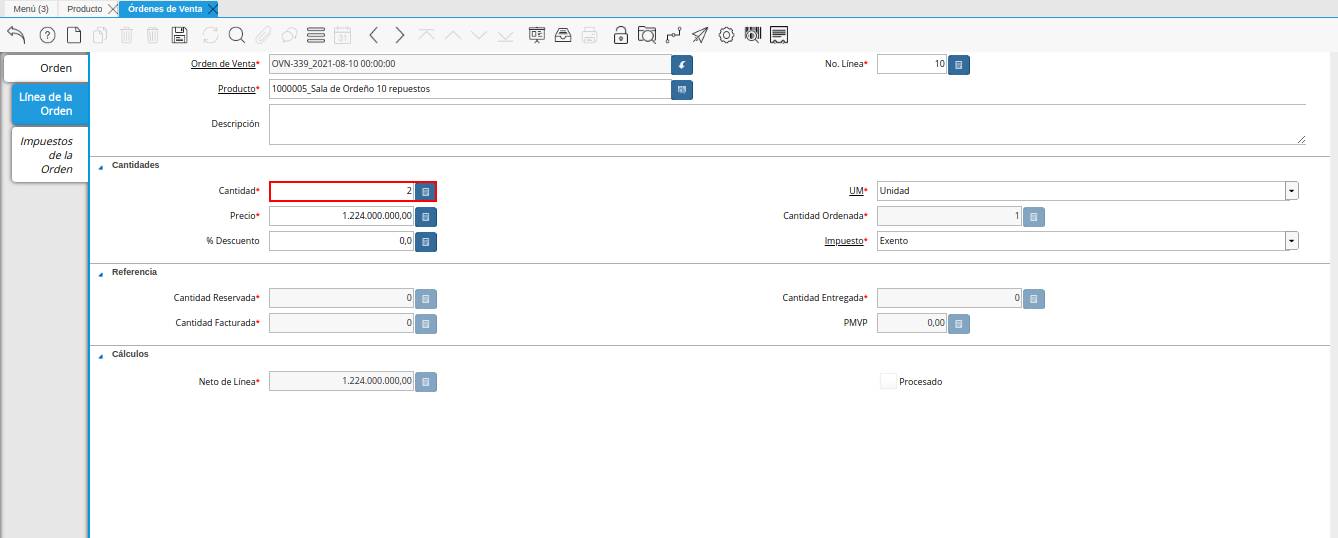 campo cantidad de la pestaña línea de la orden