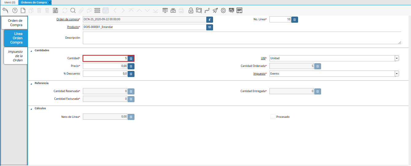 campo cantidad de la ventana órdenes de compra