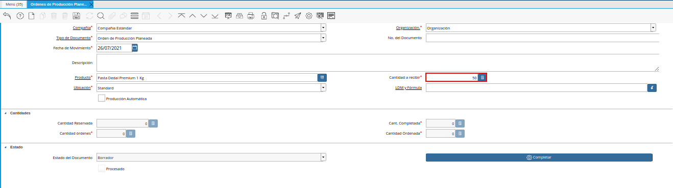 Campo Cantidad a Recibir de la Ventana Órdenes de Producción Planeadas