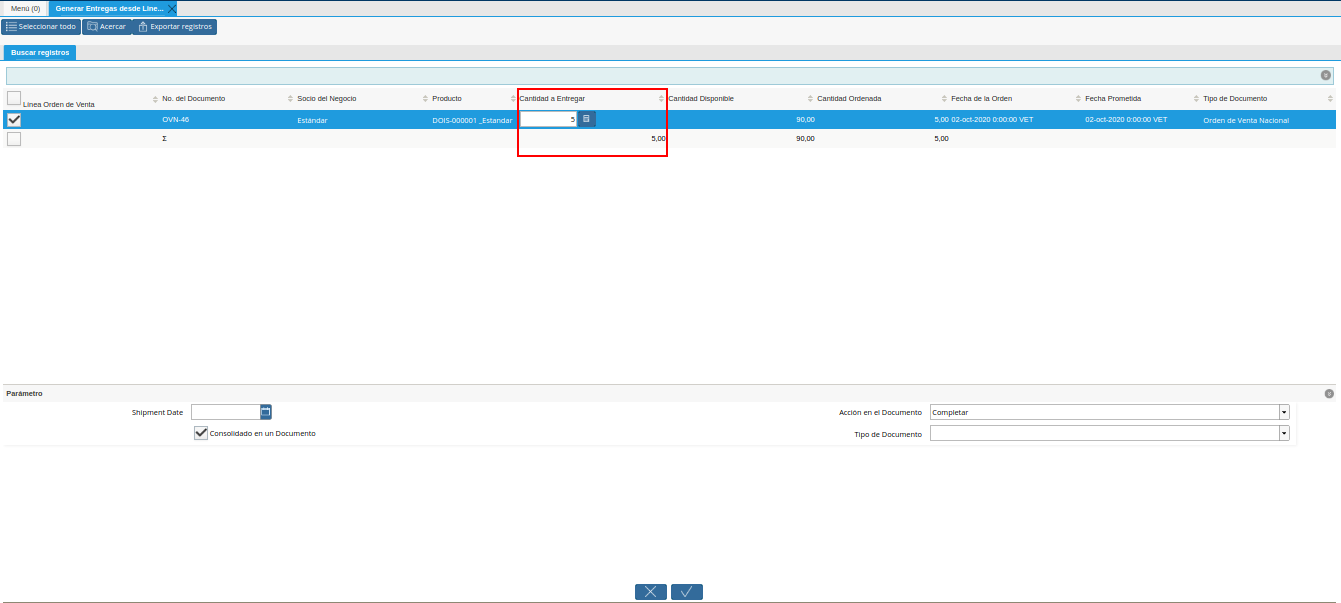Columna Cantidad a Entregar de la Ventana Generar Entrega desde Líneas de la Orden