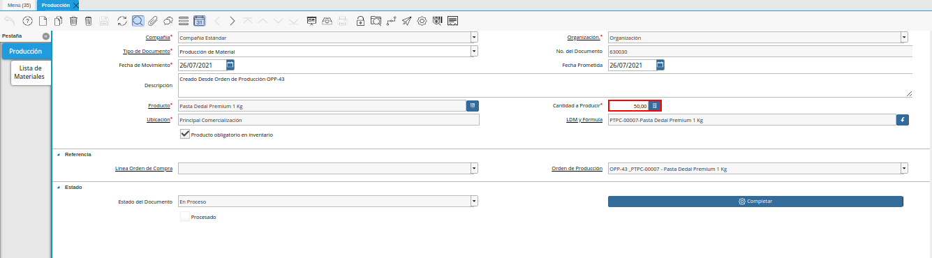 Campo Cantidad a Producir de la Ventana Producción