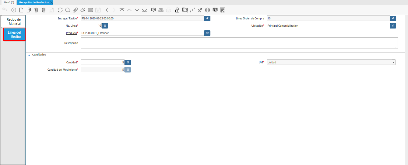 pestaña línea del recibo de la ventana recepción de productos