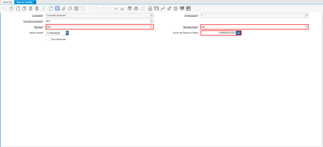 Registro Creado Automáticamente de la Ventana Tasa de Cambio