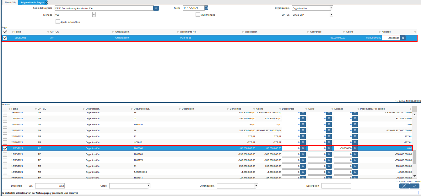 selección de registros para cruces de cuentas