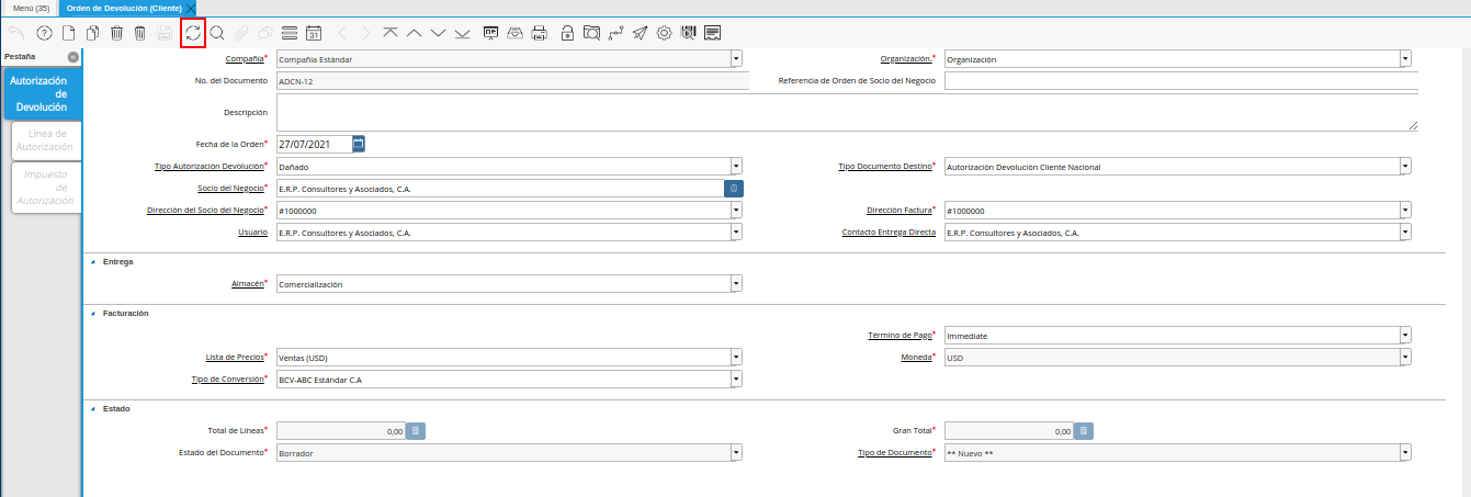 icono refrescar de la ventana orden de devolución cliente