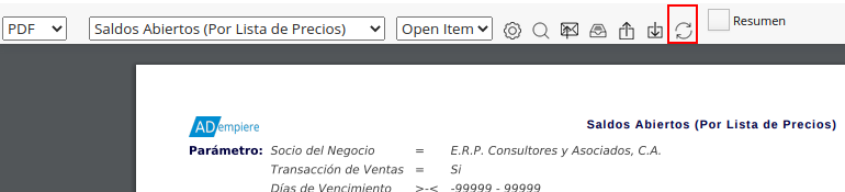 opción refrescar del informe de la barra