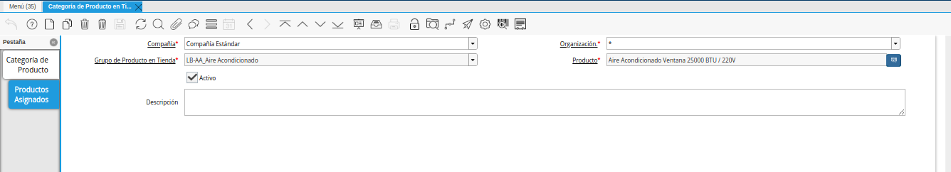 registro en la pestaña productos asignados
