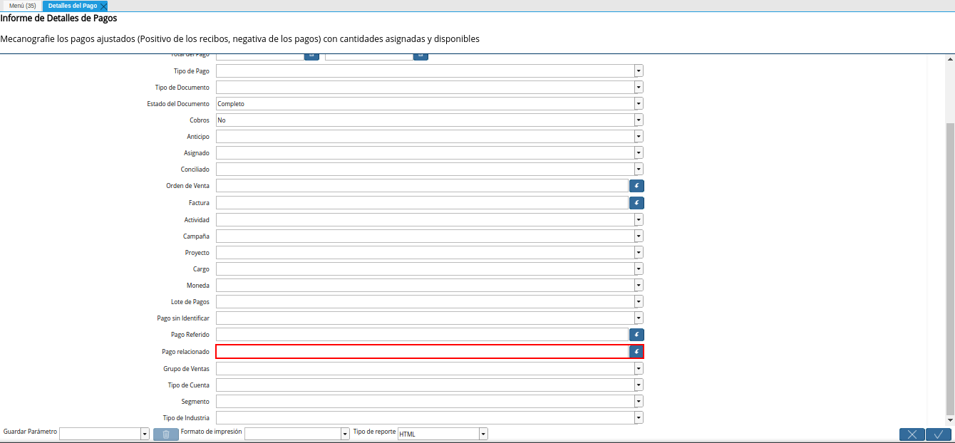 campo pago relacionado del reporte detalles del pago