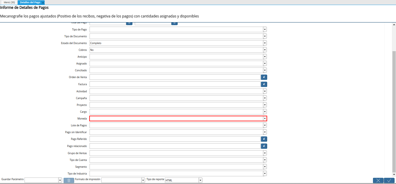 campo moneda del reporte detalles del pago