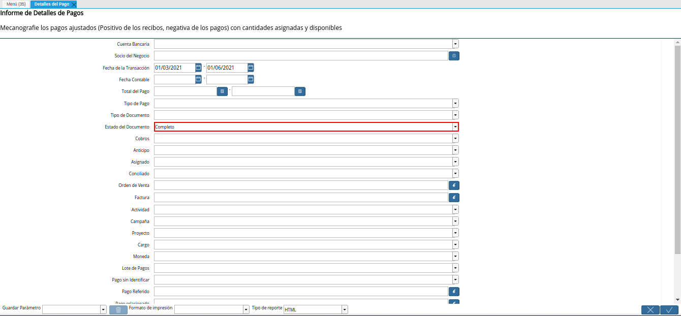 campo estado del documento del reporte detalles del pago