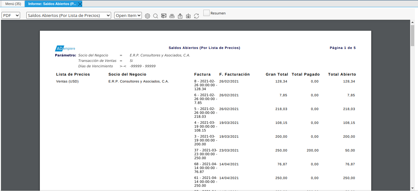 reporte de saldos abiertos con formato seleccionado