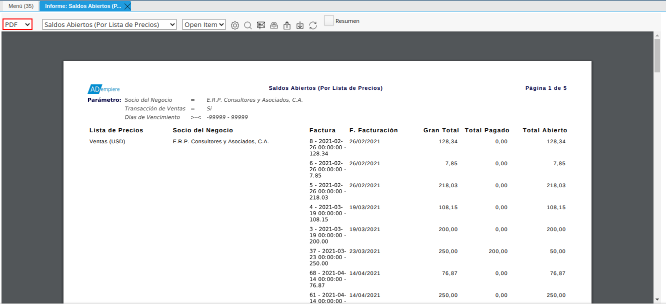 campo tipo de reporte del reporte de saldos abiertos
