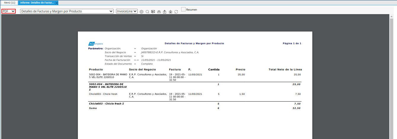 campo tipo de reporte del reporte detalles de facturas y margen