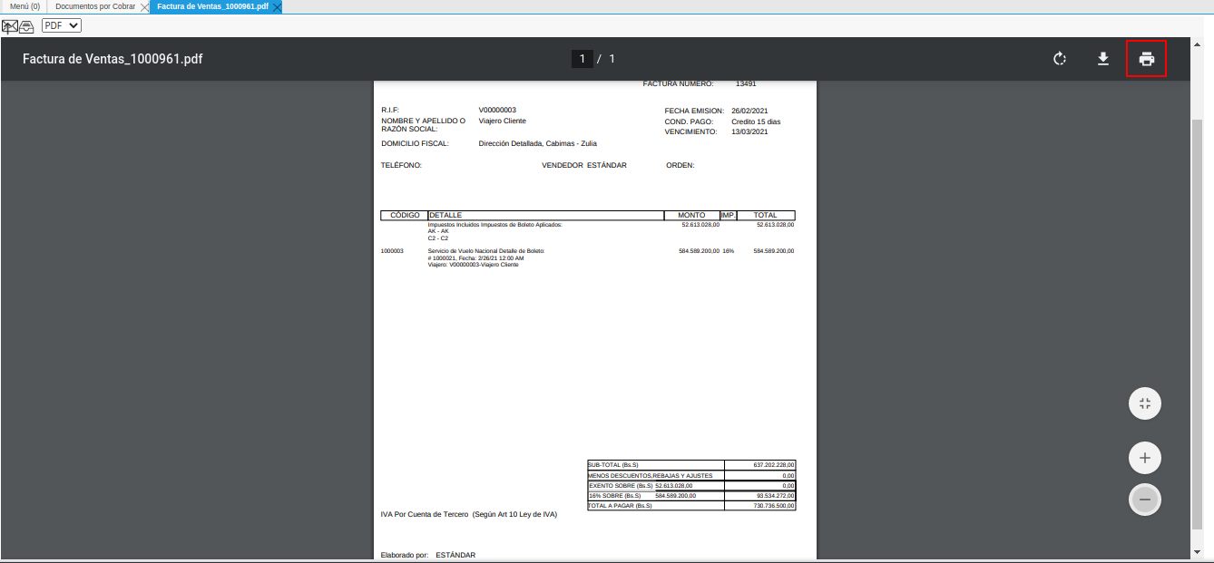ventana informe con reporte de factura