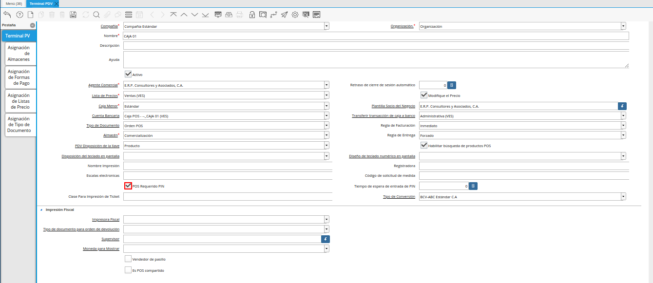 Campo PIN POS Requerido de la Ventana Terminal PDV