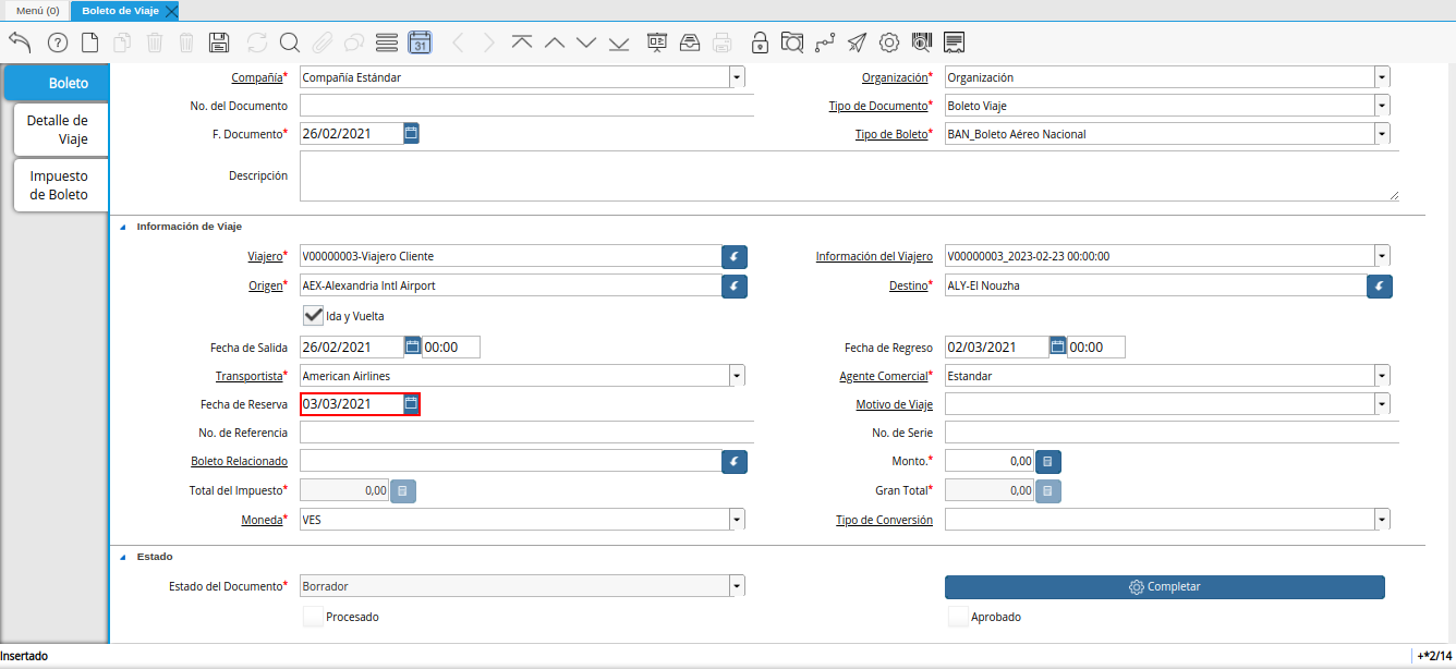 campo fecha reservada de la ventana boleto de viaje