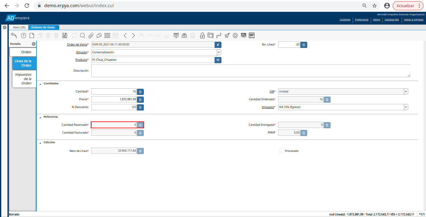 campo cantidad reservada de la orden de venta no fiscal