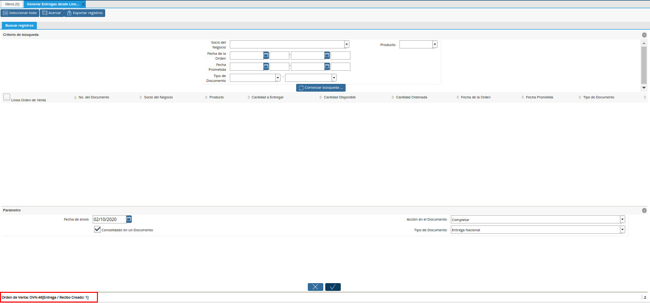 Resultado de la Entrega Generada desde Líneas de la Orden
