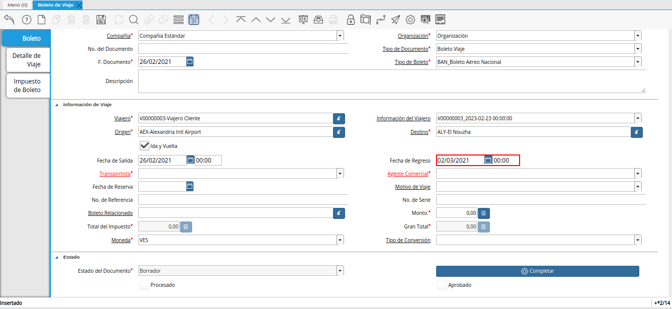 campo fecha de regreso de la ventana boleto de viaje