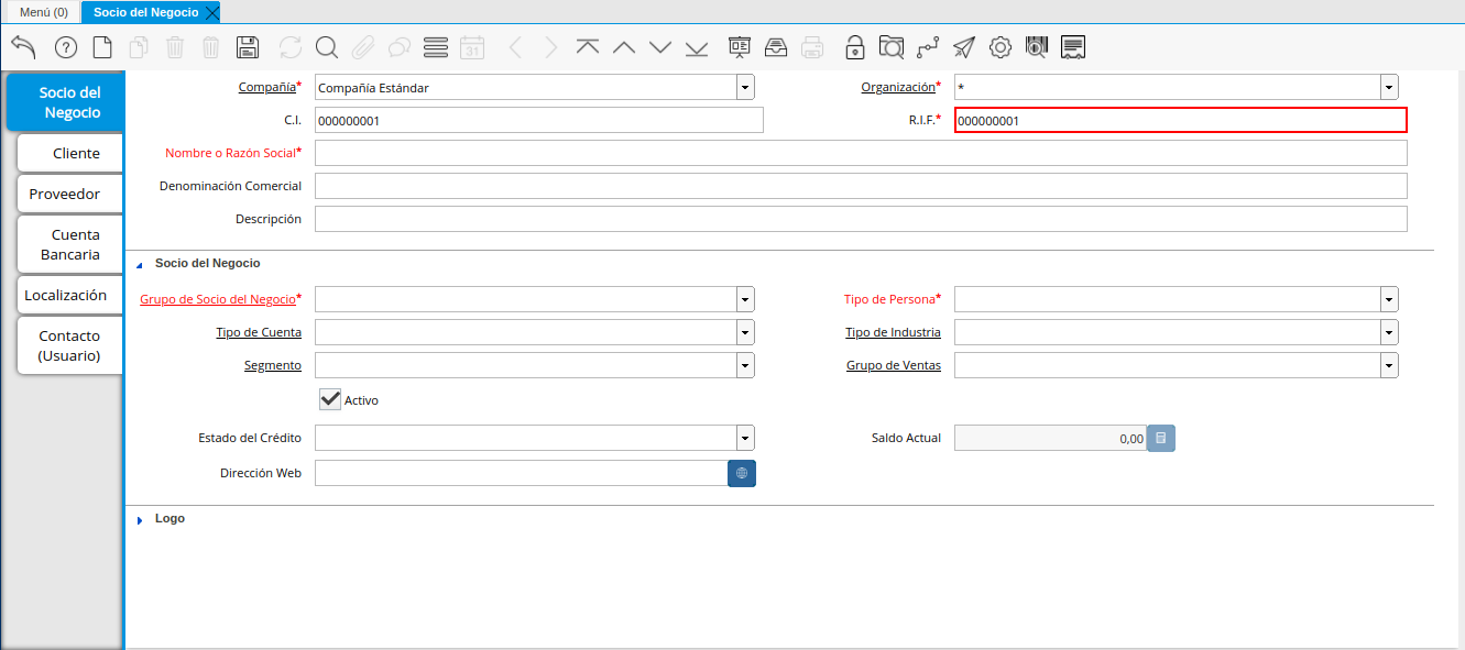 Campo RIF de la Pestaña Principal Socio del Negocio