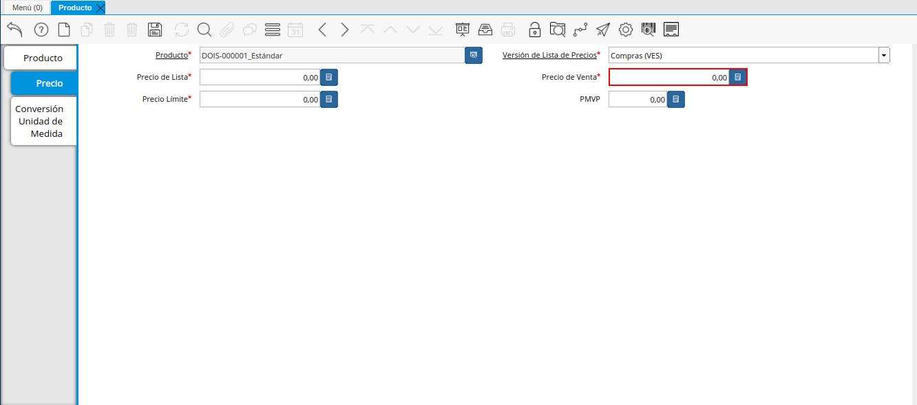 Campo Precio de Venta de la Pestaña Precio de la Ventana Producto